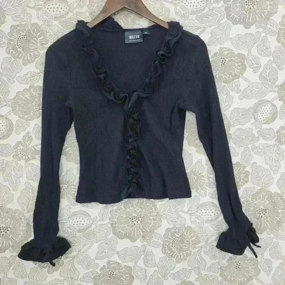 Maeve By Anthropologie Ribbed Long sleeve Ruffle Crop Knit Top‎ Size S Black - Picture 1 of 7